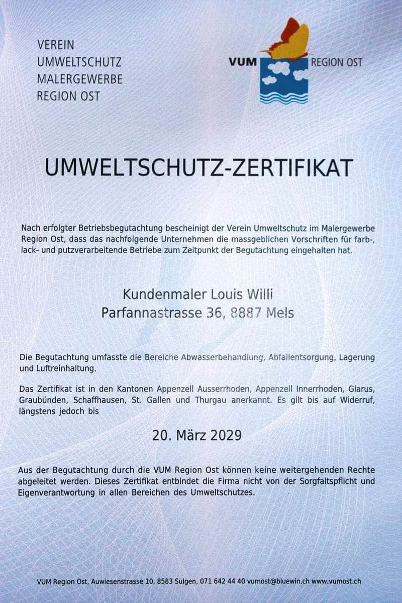 Umweltzertifikat ausgestellt für Kundenmaler-Willi vom Verein Umweltschutz Malergewerbe Region Ost